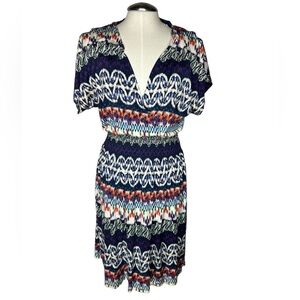 Tory Burch Navy Blue Multicolor Cap Sleeve ARJETA Silk Dress 32102415 Size XL